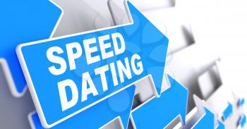 Speed Dating on Direction Sign - Blue Arrow on a Grey Background.
