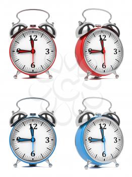 Colorful Old Style Alarm Clocks Isolated on White Background.