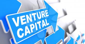 Venture Capital on Direction Sign - Blue Arrow on a Grey Background.