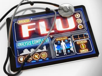 Flu - Diagnosis on the Display of Medical Tablet and a Black Stethoscope on White Background.