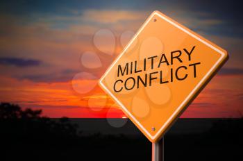 Military Conflict on Warning Road Sign on Sunset Sky Background.