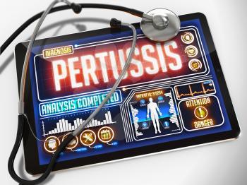 Pertussis - Diagnosis on the Display of Medical Tablet and a Black Stethoscope on White Background.