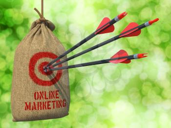 Marketing Online, Three Arrows Hit in Red Target on a Hanging Sack on Green Bokeh Background.
