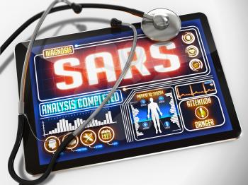 Medical Tablet with the Diagnosis of SARS on the Display and a Black Stethoscope on White Background.