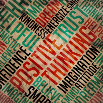 Positive Thinking - Grange Word Collage on Old Fulvous Paper.