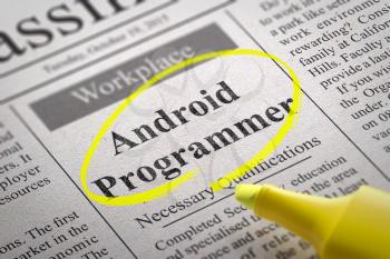 Android Programmer Jobs in Newspaper. Job Seeking Concept.