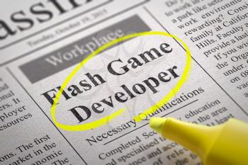 Flash Game Developer Vacancy in Newspaper. Job Seeking Concept.
