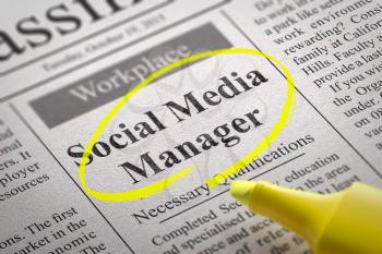 Social Media Manager Jobs in Newspaper. Job Seeking Concept.