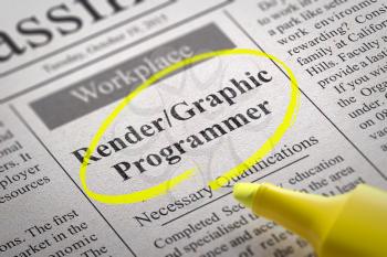 Render, Graphic Programmer Vacancy in Newspaper. Job Seeking Concept.