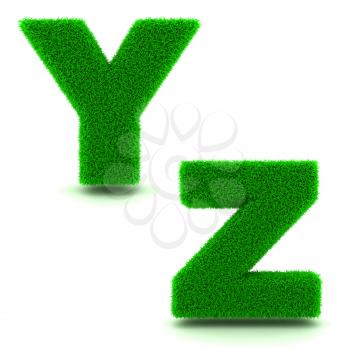 Letters Y, Z - Alphabet Set of Green Grass on White Background in 3d.
