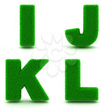 Letters I, J, K, L - Alphabet Set of Green Grass on White Background in 3d.