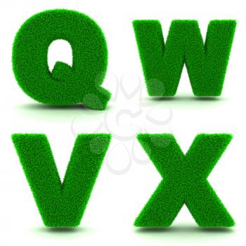 Letters QWVX - Alphabet Set of Green Grass on White Background in 3d.