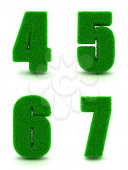 Digits 4, 5, 6, 7 - Set of Green Grass on White Background in 3d.