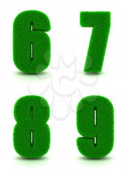 Digits 6, 7, 8, 9 - Set of Green Grass on White Background in 3d.