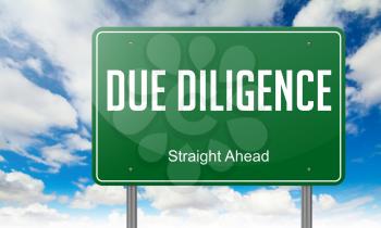 Highway Signpost with Due Diligence wording on Sky Background.