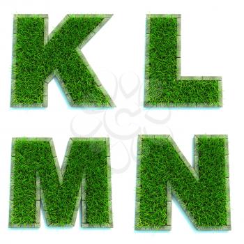 Letters K, L, M, N - Alphabet Set of Green Grass Lawn on White Background in 3d.