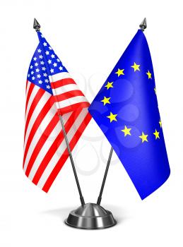EU and USA - Miniature Flags Isolated on White Background.