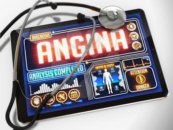 Angina - Diagnosis on the Display of Medical Tablet and a Black Stethoscope on White Background.