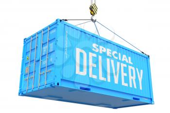 Special Delivery - Blue Cargo Container hoisted by hook, Isolated on White Background.
