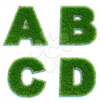 Letters A, B, C, D - Alphabet Set of Green Grass Lawn on White Background in 3d.