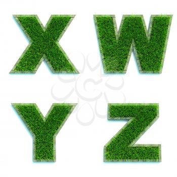 Letters X, W, Y, Z - Alphabet Set of Green Grass Lawn on White Background in 3d.