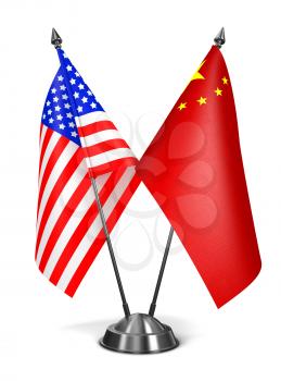USA and China - Miniature Flags Isolated on White Background.