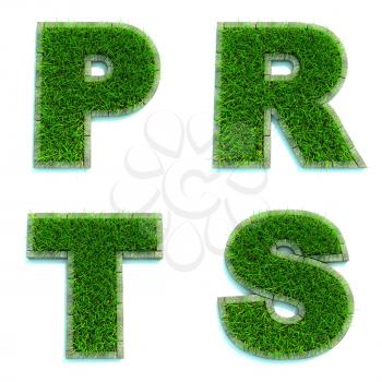 Letters P, R, T, S - Alphabet Set of Green Grass Lawn on White Background in 3d.