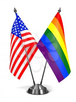 USA and Rainbow Gay Pride - Miniature Flags Isolated on White Background.
