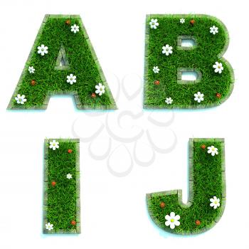 Letters A, B, I, J - Alphabet Set of Green Grass Lawn with Flowers on White Background in 3d.