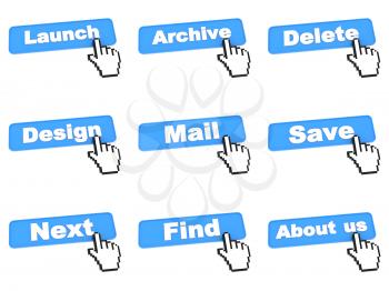 Blue Web Data Processing Buttons with Hand Cursor Isolated on White Background.