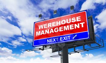 Warehouse Management Inscription on Red Billboard on Sky Background.