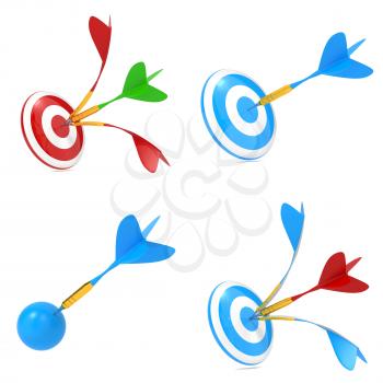 Multicolor Darts Hitting a Target Isolated on White Background.