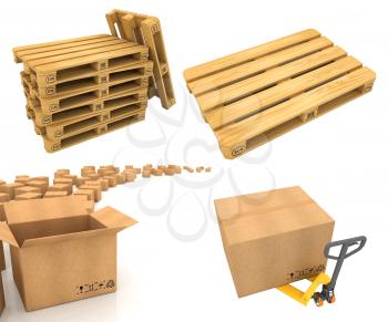Warehouse Logistic Concepts - Set of 3D Pallet and Cardboard Boxes. Warehouse Concept.
