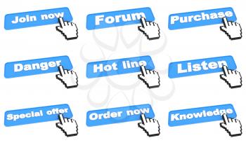 Blue Web Buttons with Hand Cursor Isolated on White Background.