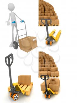 Pallet Truck and Cardboard Boxes - Set of 3D Isolated on White Background. Warehouse Concept.