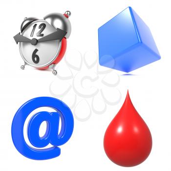 Set of 3d Illustrations Isolated on White Background - Alarm Clock and Plastic Cube, Drop, At-sign.
