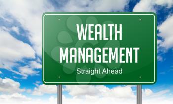Highway Signpost with Wealth Management wording on Sky Background.