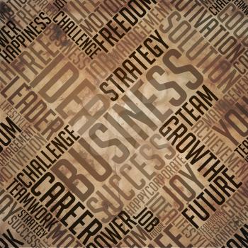 Business - Grunge Printed Word Collage in Brown Colors on Old Fulvous Paper.