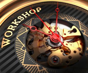 Workshop on Black-Golden Watch Face with Closeup View of Watch Mechanism. 