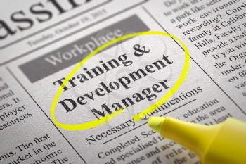 Training and Development Manager Vacancy in Newspaper. Job Seeking Concept.