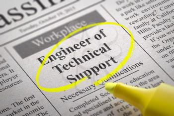 Engineer of Technical Support Vacancy in Newspaper. Job Seeking Concept.