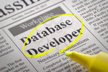 Database Developer Vacancy in Newspaper. Job Seeking Concept.