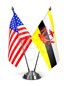 USA and Brunei - Miniature Flags Isolated on White Background.
