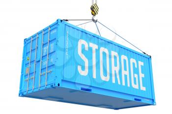 Storage - Blue Cargo Container hoisted by hook, Isolated on White Background.