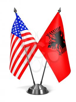 USA and Albania - Miniature Flags Isolated on White Background.