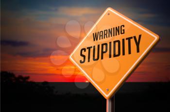 Stupidity on Warning Road Sign on Sunset Sky Background.