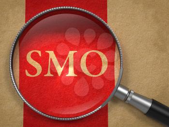 SMO through Magnifying Glass on Old Paper with Red Vertical Line.