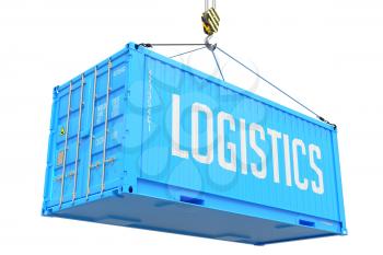 Logistics - Blue Cargo Container hoisted by hook, Isolated on White Background.