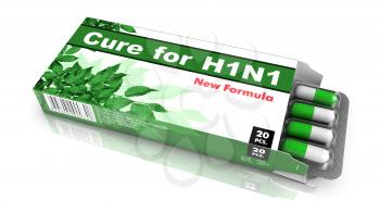 Cure for H1N1, Pills Green getting out from Blue Box over White Background.