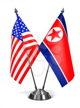 USA and North Korea - Miniature Flags Isolated on White Background.